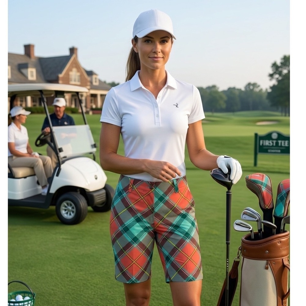 Loudmouth Golf Ladies Multicolor Plaid Bermuda Shorts Pink Green Size 12 Stretch